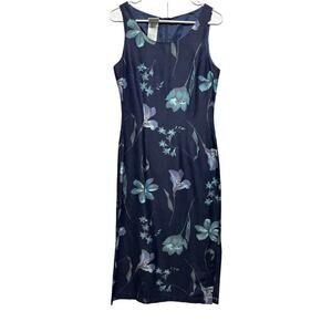 Vtg Laura Ashley Dress 6 Navy Blue Floral Silk Linen Sheath Midi Coastal Boho